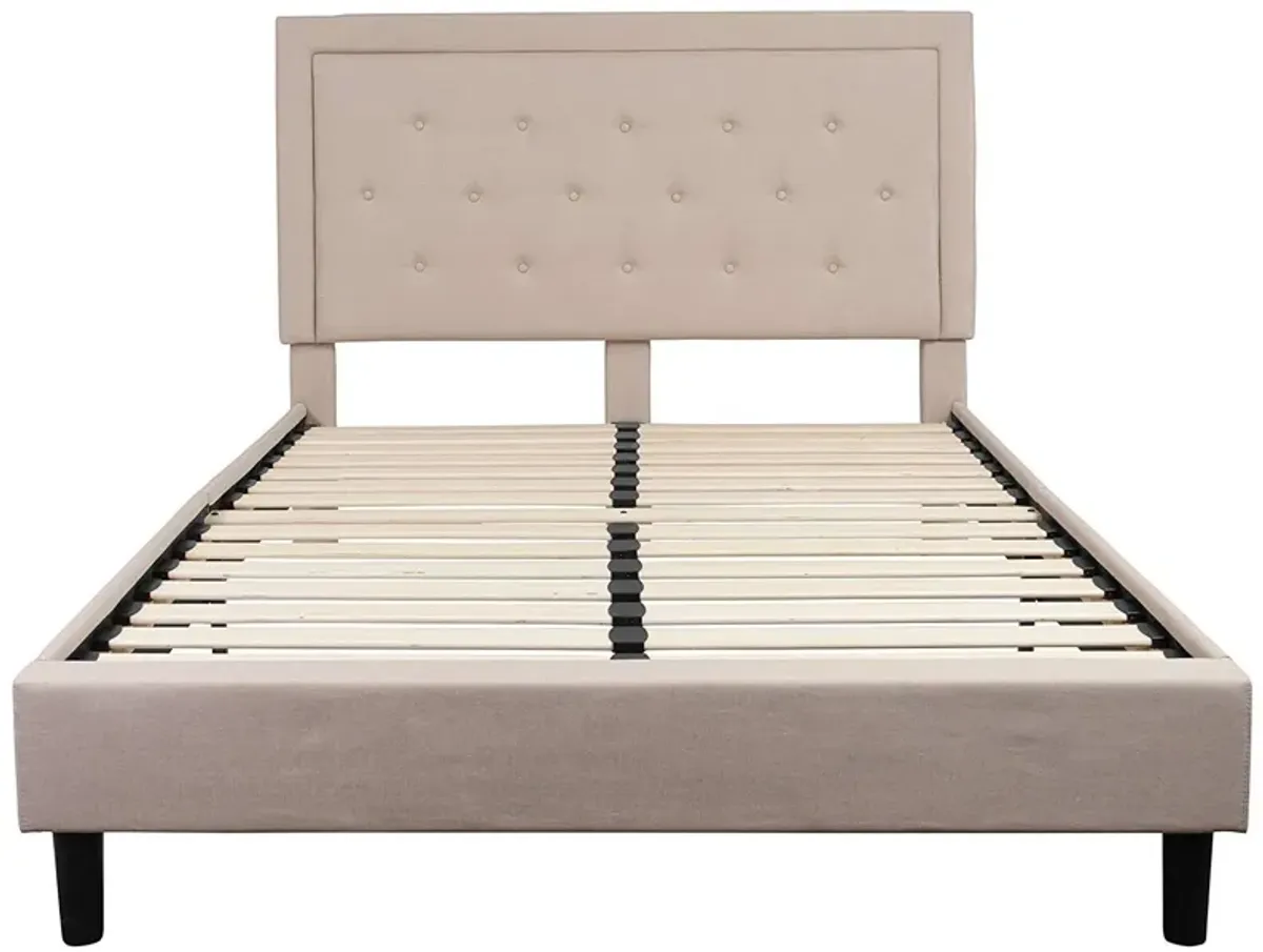 Hivvago Queen Beige Upholstered Platform Bed Frame with Button Tufted Headboard