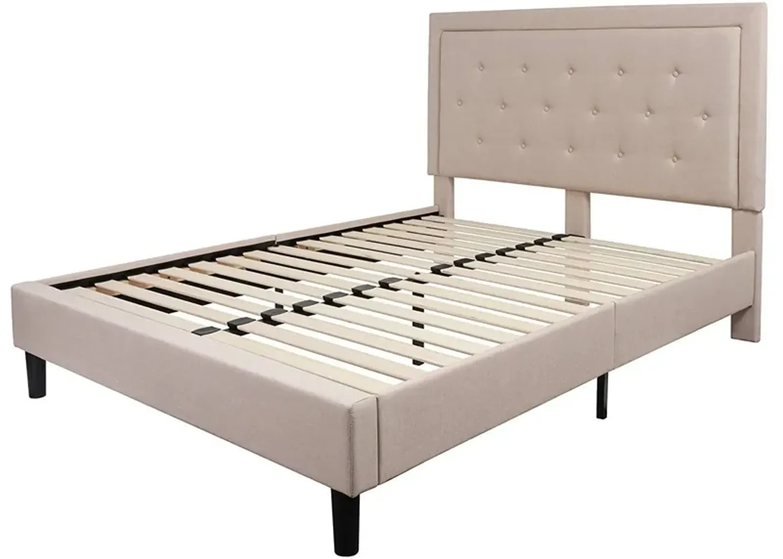 Hivvago Queen Beige Upholstered Platform Bed Frame with Button Tufted Headboard