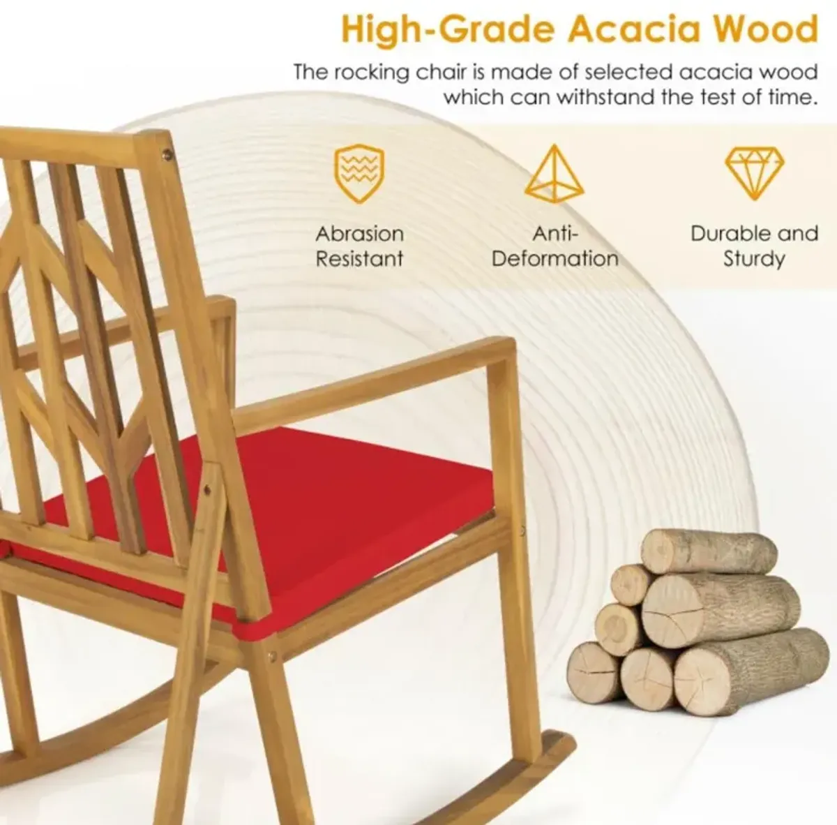 Hivvago Patio Acacia Wood Rocking Chair Sofa with Armrest and Cushion for Garden and Deck