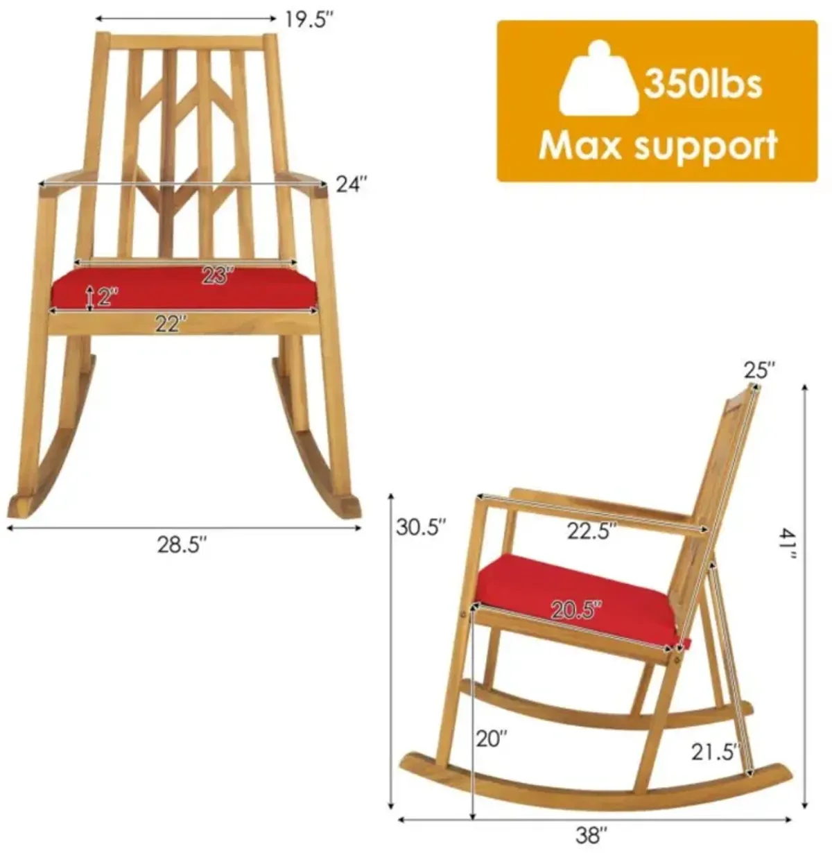 Hivvago Patio Acacia Wood Rocking Chair Sofa with Armrest and Cushion for Garden and Deck