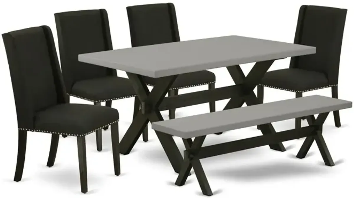 East West Furniture 6-Pc Dining Table Set-Black Linen Fabric Seat and Button Tufted Chair Back Kitchen chairs, A Rectangular Bench and Rectangular Top dining room table with Wooden Legs - Cement and W