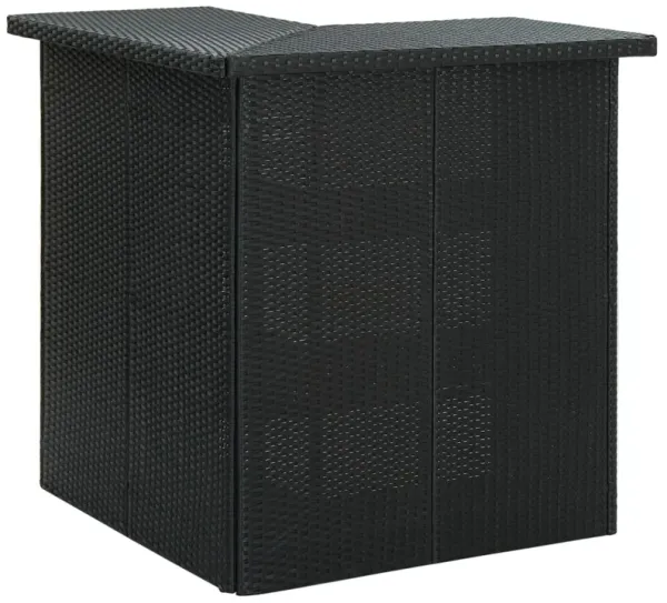 Outdoor Corner Bar Table, 3 Shelves, Black Rattan and Steel, 41 Inch - Benzara