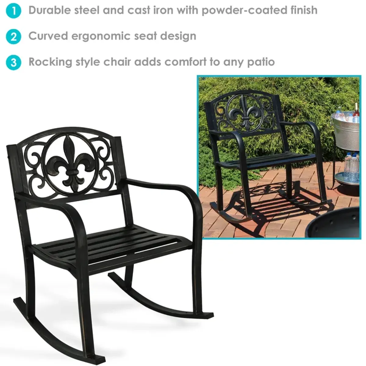 Sunnydaze Fleur-de-Lis Cast Iron and Steel Outdoor Rocking Chair - Black