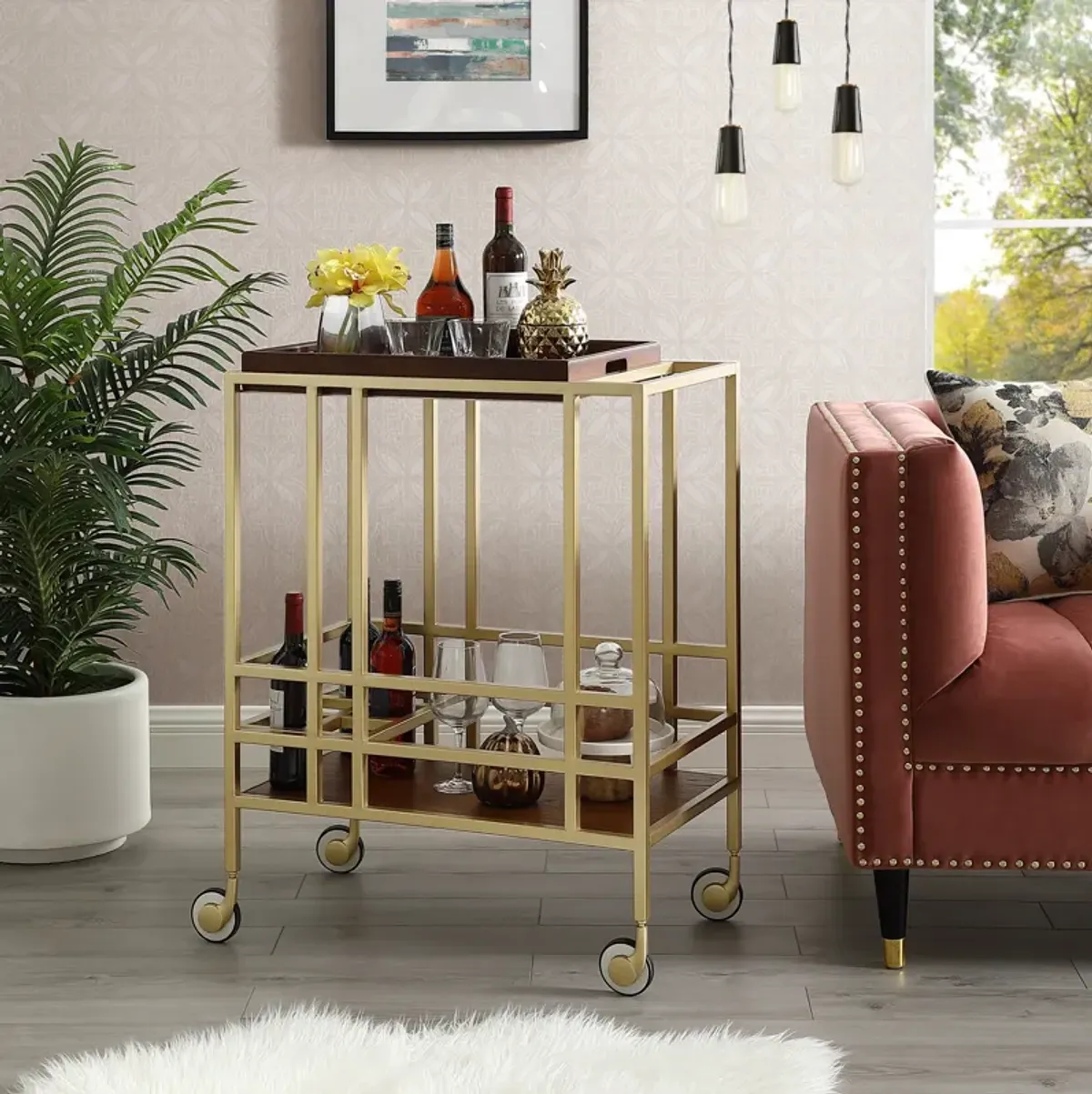 Inspired Home Ron Bar Cart Serving Tray with Caster