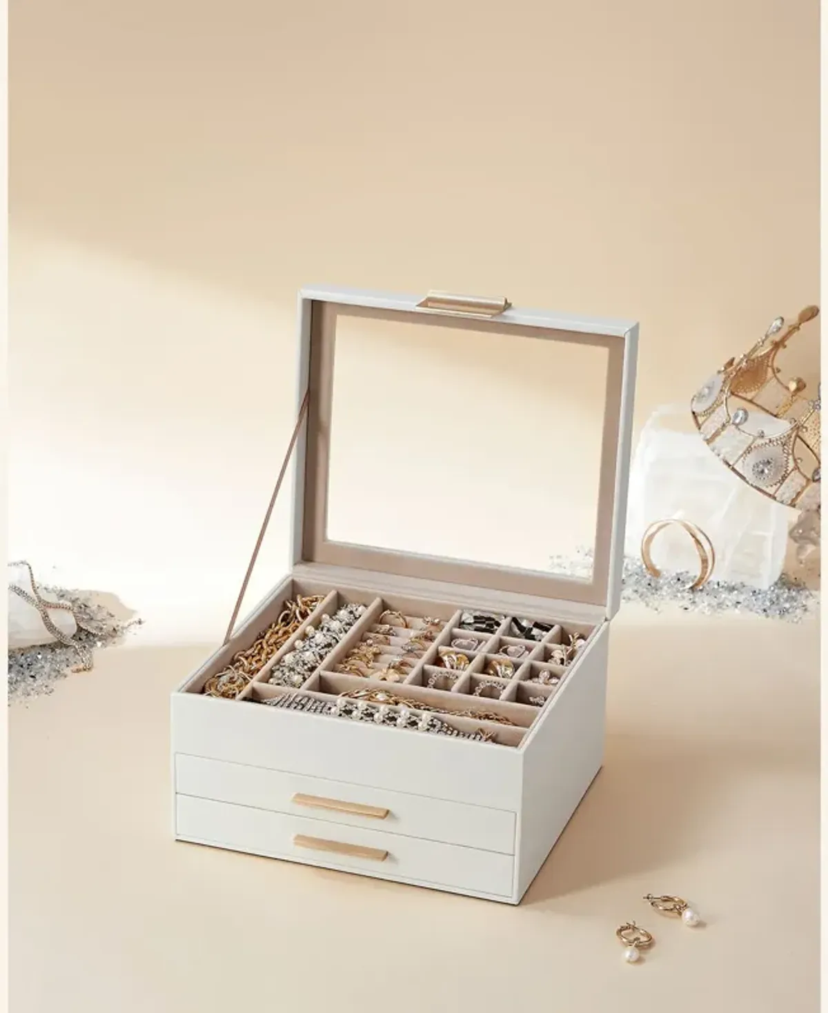 3-Layer Jewelry Box with Glass Lid and 2 Drawers - Perfect Gift for Loved Ones