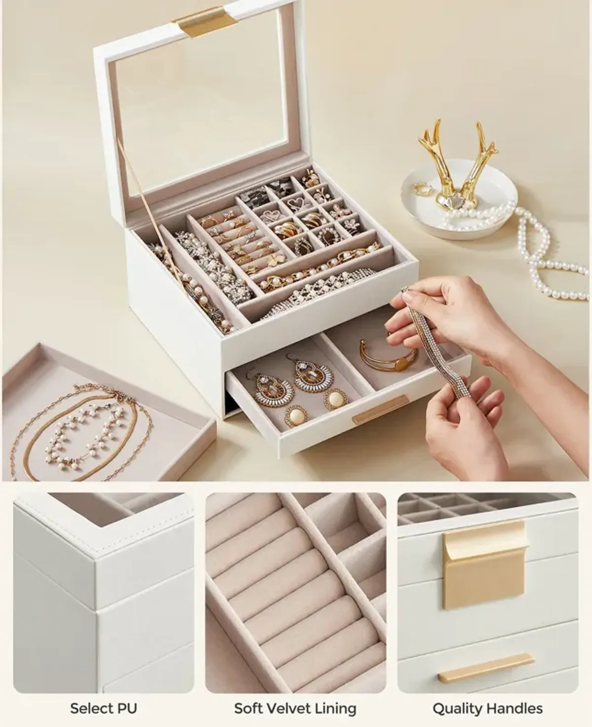 3-Layer Jewelry Box with Glass Lid and 2 Drawers - Perfect Gift for Loved Ones