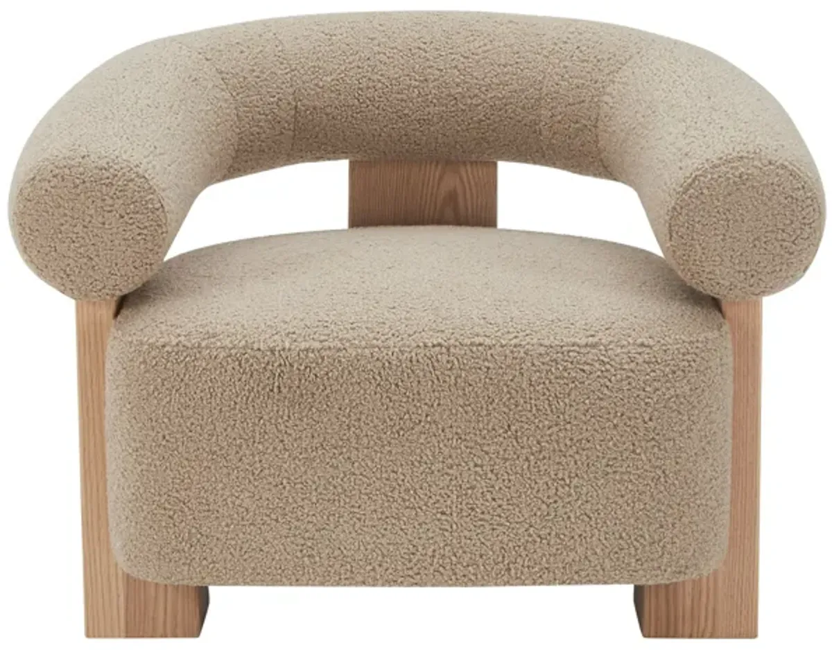 Cid Lami 37 Inch Accent Chair, Tan Brown Faux Sheepskin, Solid Oak Wood - Benzara