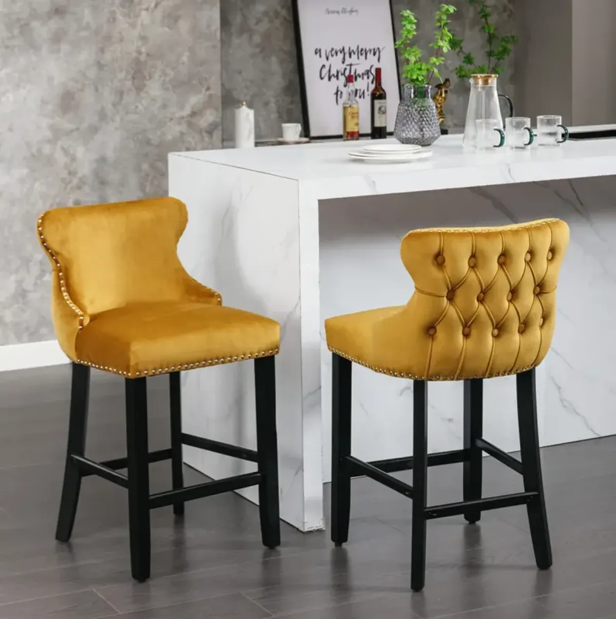 Gold Velvet Wingback Bar Stools, Set of 2