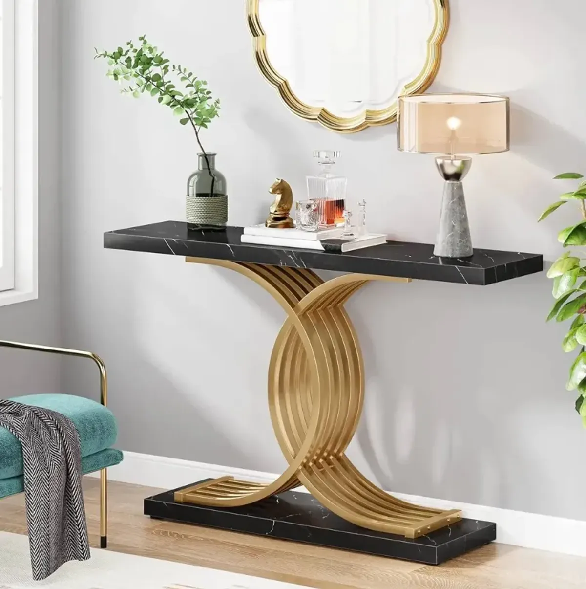 Entryway Table, Modern 39-Inch Console/Accent Table with Geometric Metal Legs, Faux Marble Narrow Wood Sofa Table