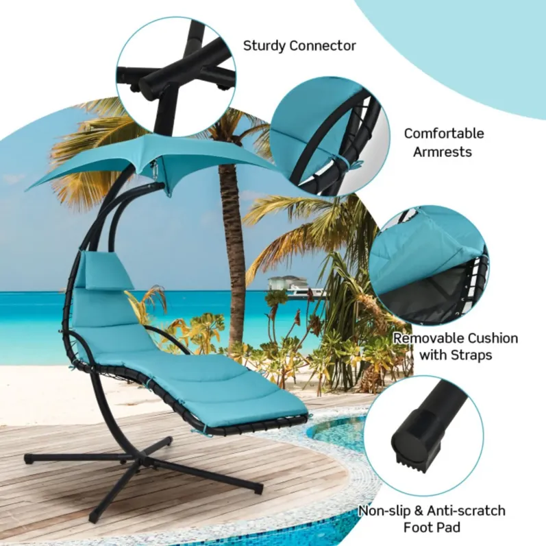 Hanging Curved Steel Swing Chaise Lounger with Removable Canopy