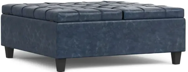 Harrison 40 inch Wide Transitional Square Large Coffee Table Storage Ottoman in Denim Blue Vegan Faux Leather, Assembled