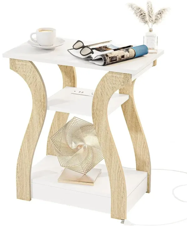 FROMJBEST End Table with Charging Station, Side Table with USB Ports and Outlets, Nightstand, 3 Tier End Table with Storage Shel