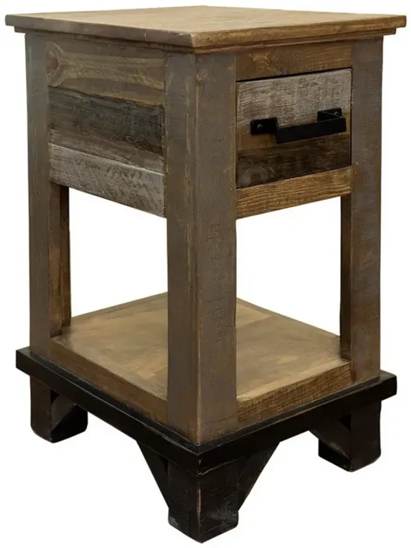 Benjara Peya 26 Inch End Table, Shelf, 1 Drawer, Distressed Pine Wood, Gray, Brown and Black