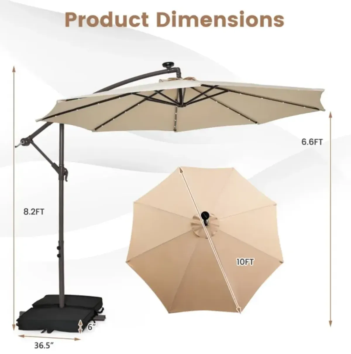 Hivvago 10 Feet Cantilever Umbrella with 32 LED Lights and Solar Panel Batteries