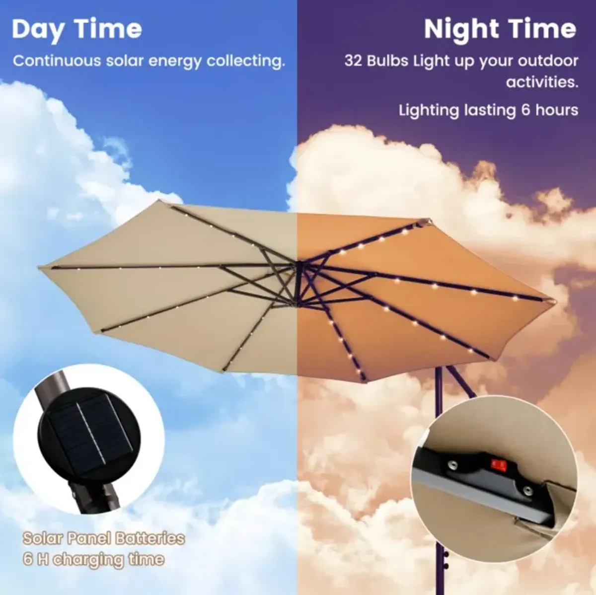 Hivvago 10 Feet Cantilever Umbrella with 32 LED Lights and Solar Panel Batteries