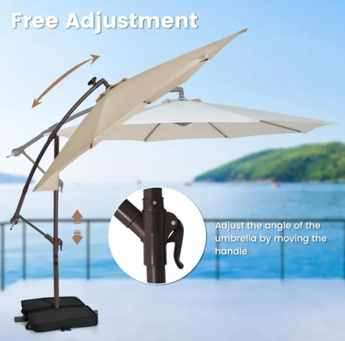 Hivvago 10 Feet Cantilever Umbrella with 32 LED Lights and Solar Panel Batteries