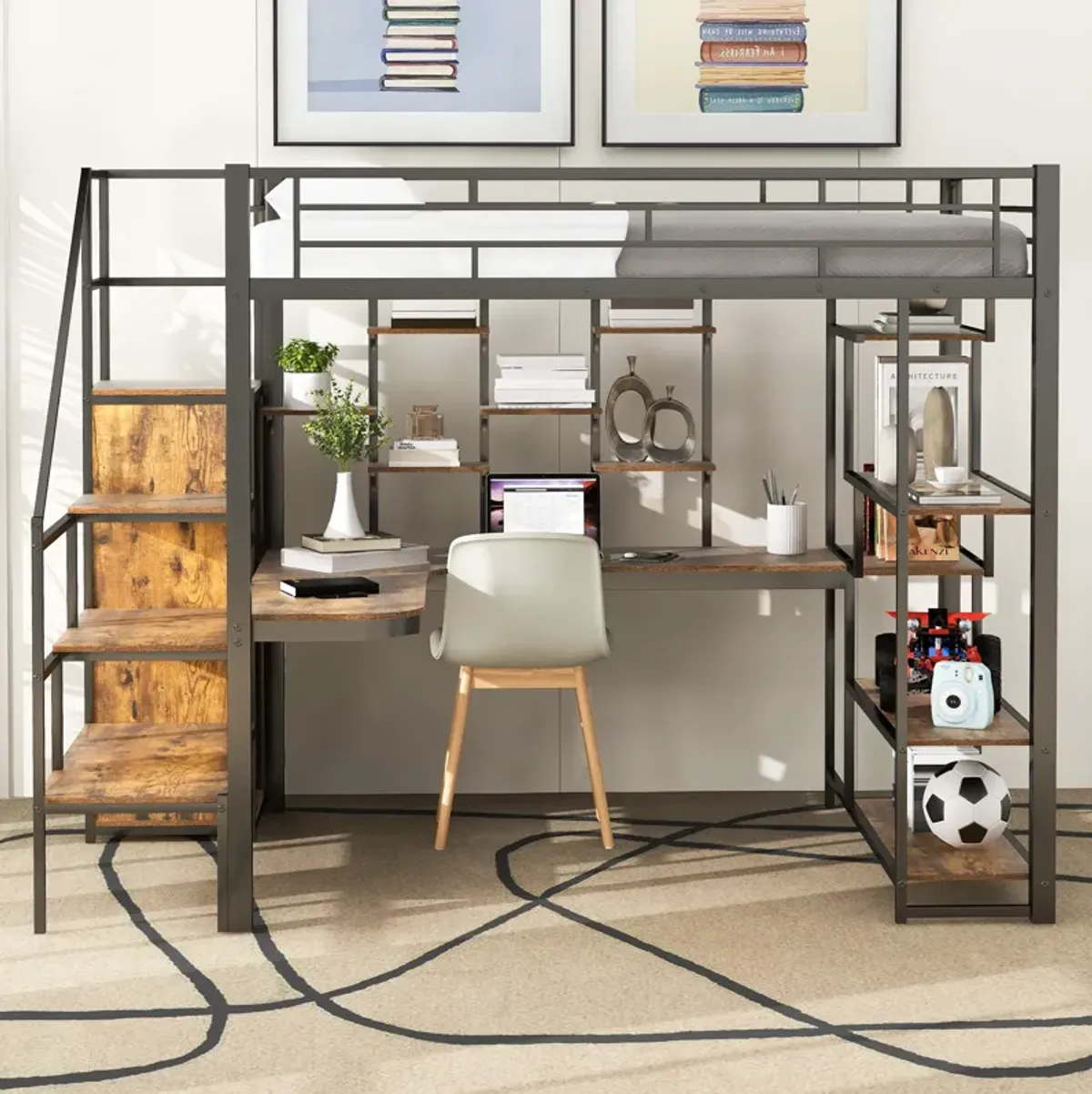 Merax Metal Loft Bed with Storage Staircase