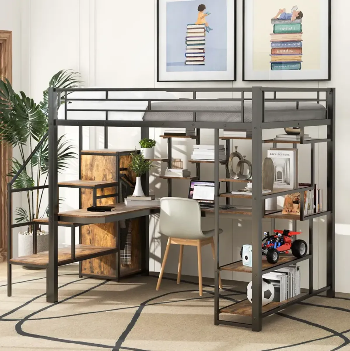 Merax Metal Loft Bed with Storage Staircase