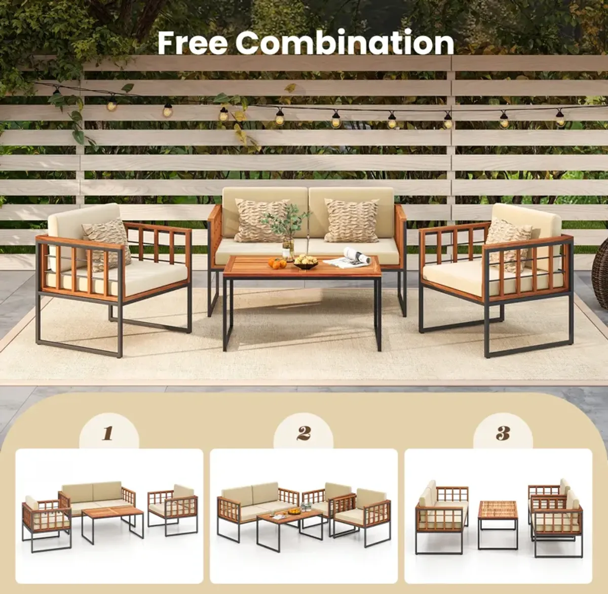 4 Pieces Acacia Wood Outdoor Sofa Set