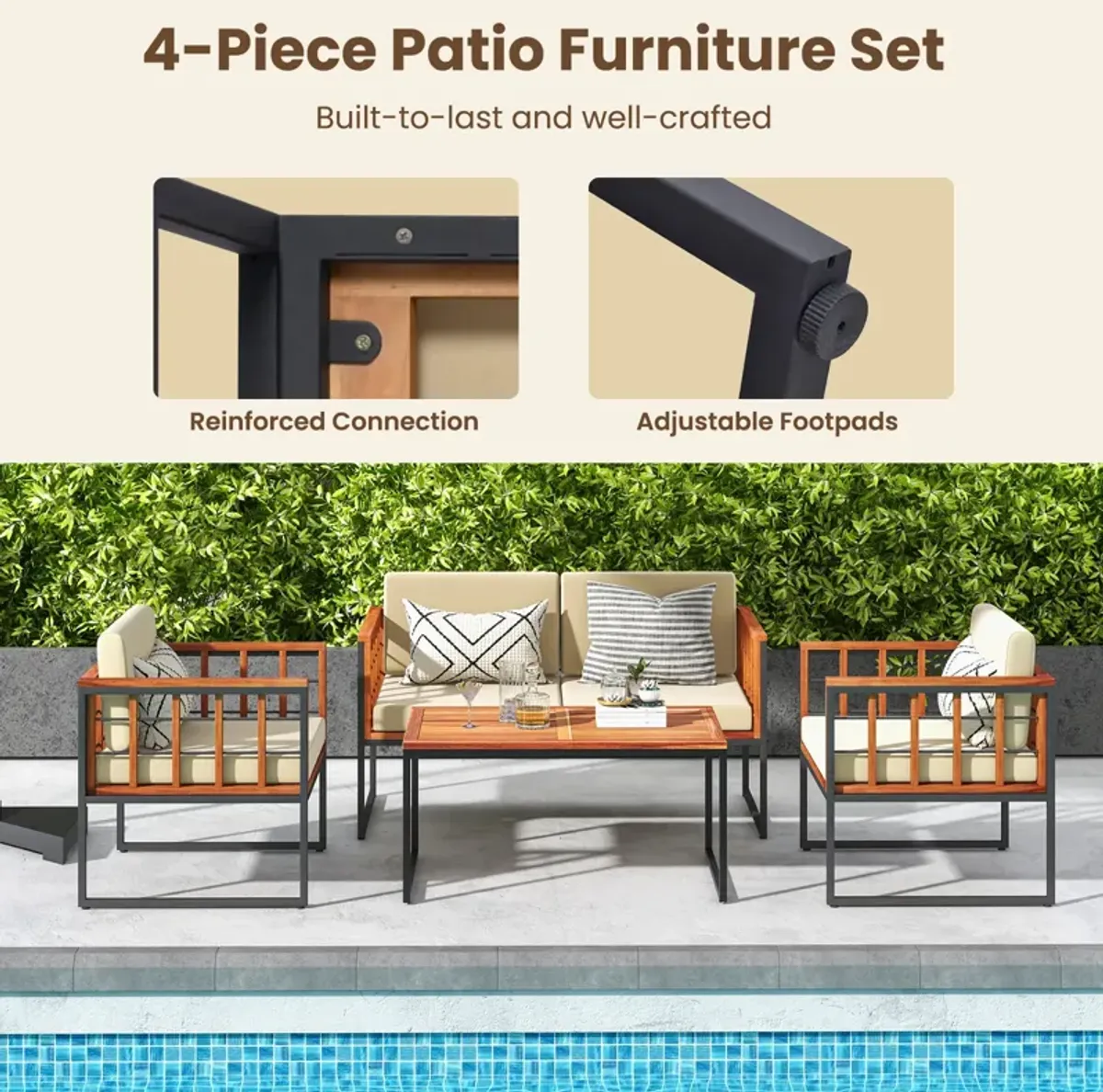 4 Pieces Acacia Wood Outdoor Sofa Set