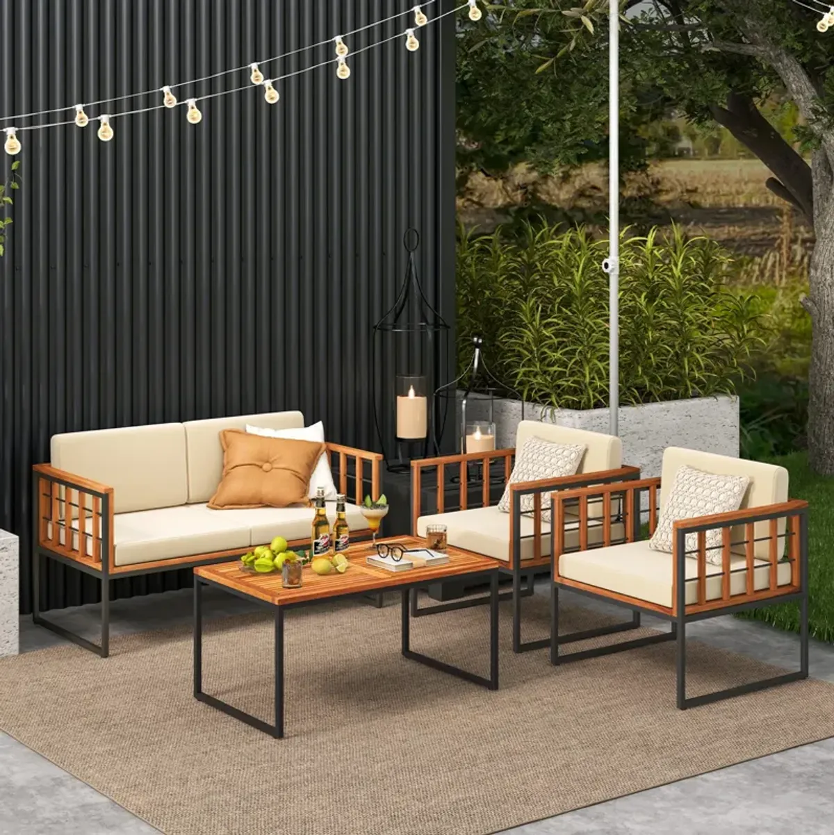 4 Pieces Acacia Wood Outdoor Sofa Set