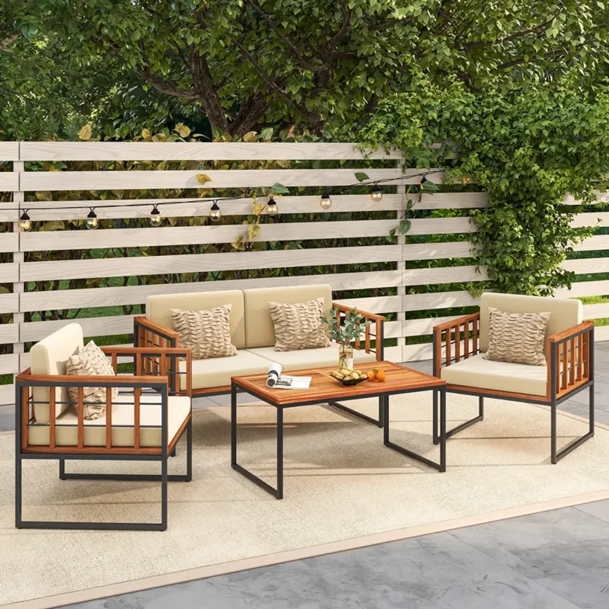 4 Pieces Acacia Wood Outdoor Sofa Set