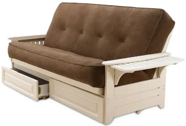 Phoenix Frame/Antique White Finish/Marmont Mocha Mattress/Storage Drawers