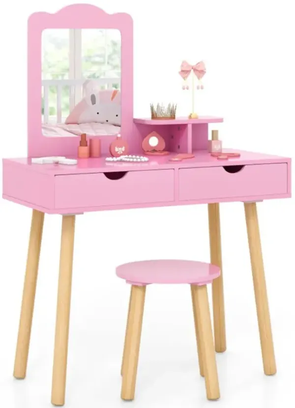 Hivvago Kid Vanity Table Chair Set with Mirror and 2 Large Storage Drawers-Pink