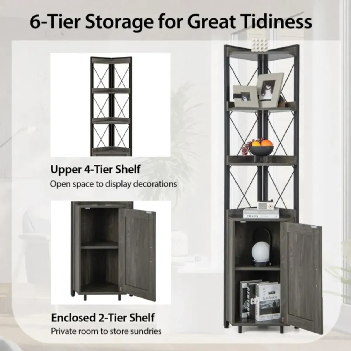 Hivvago Tall Corner Storage Cabinet with 3-Tier Shelf and Enclosed Cabinet