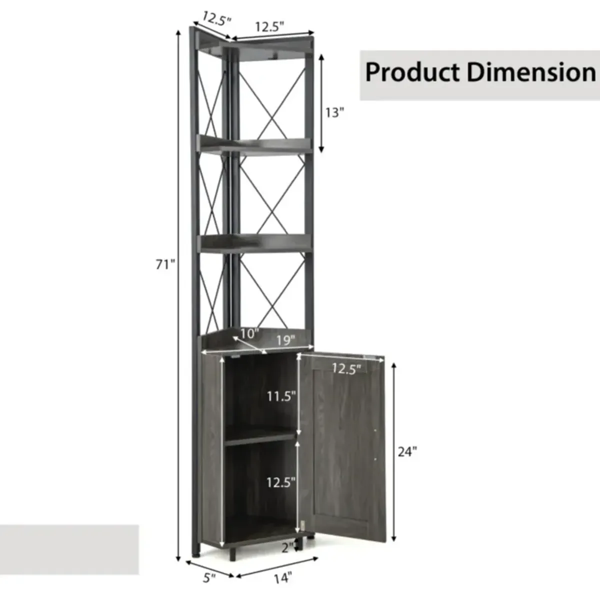 Hivvago Tall Corner Storage Cabinet with 3-Tier Shelf and Enclosed Cabinet