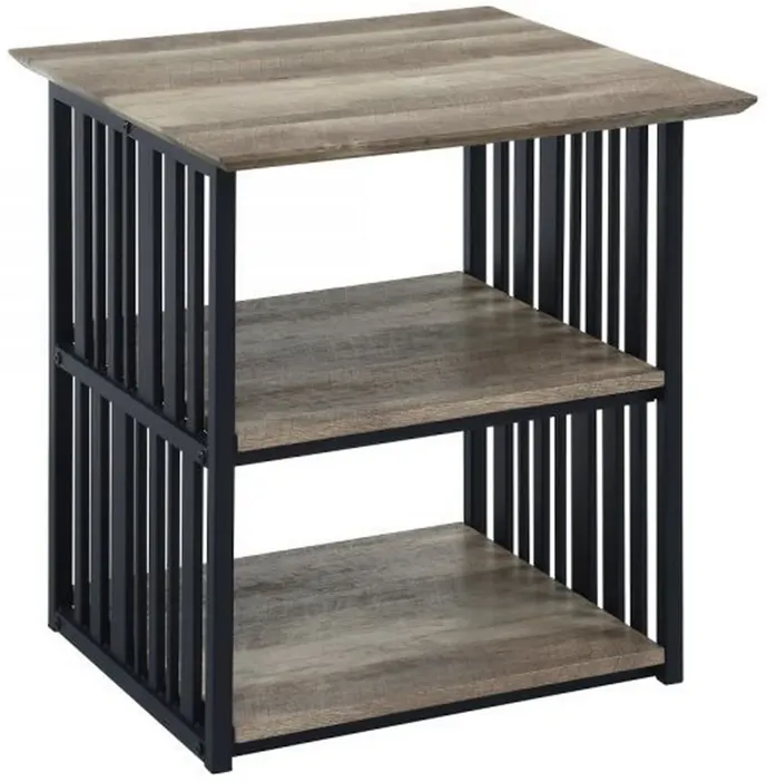 Nori 23 Inch Nightstand, 2 Shelves, Metal Base, MDF, Antique Oak and Black - Benzara