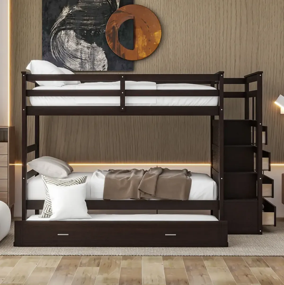 Merax Twin Over Twin Bunk Bed with Trundle and Staircase