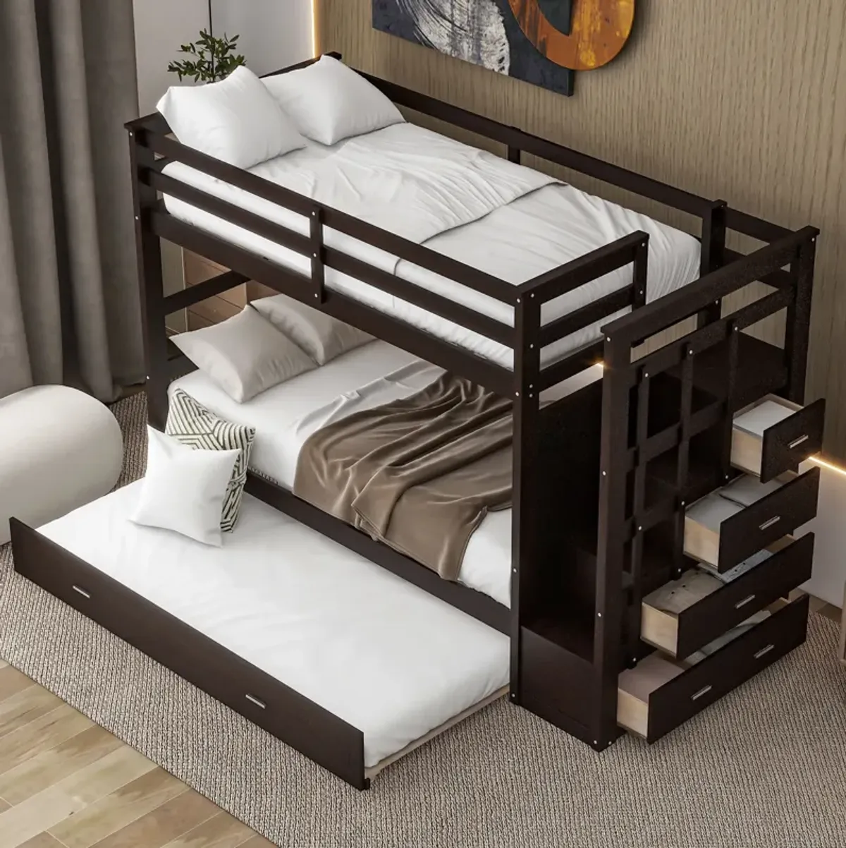 Merax Twin Over Twin Bunk Bed with Trundle and Staircase