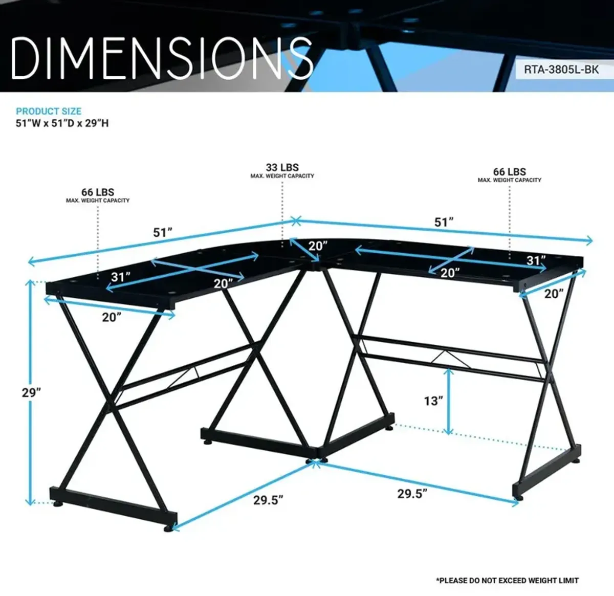 Techni Mobili Black L-shaped Glass Computer Desk