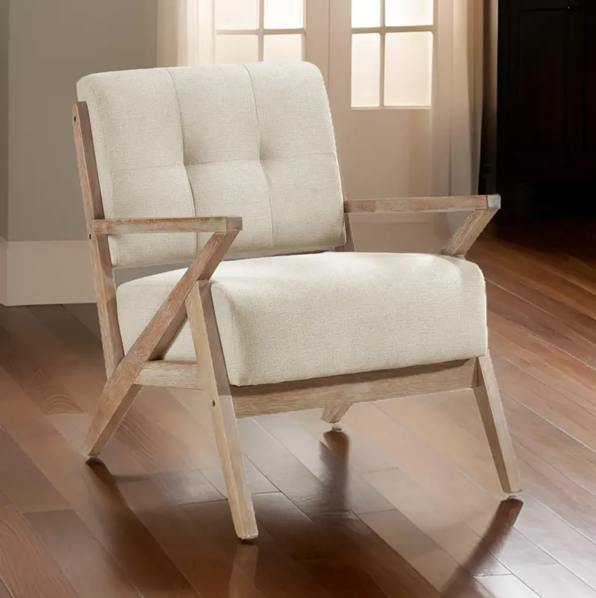 Edra 33 Inch Accent Armchair, Rubberwood Frame, Cushioned Beige Polyester - Benzara