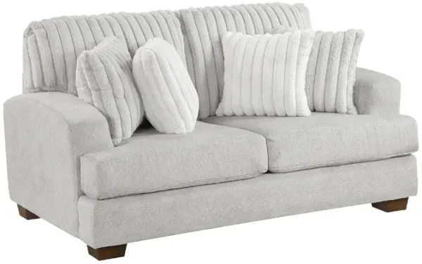 Witz Loveseat, 70 Inch, 4 Pillows, Ribbed Texture Light Gray Corduroy - Benzara