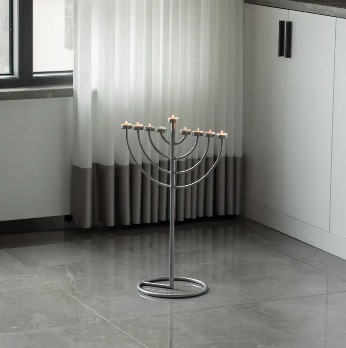 Small Modern Silver 9 Branch Lighting Thin Pipe Hanukkah Menorah, Metal-Aluminum