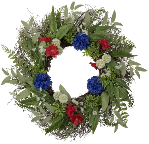 Americana Mixed Floral Patriotic Wreath  24-Inch  Unlit