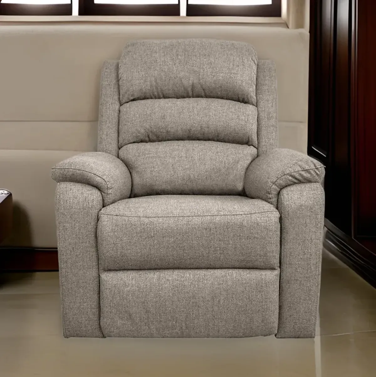 Fery 36 Inch Manual Recliner Chair, Brown Burlap, Cushioned Seat, Wood - Benzara