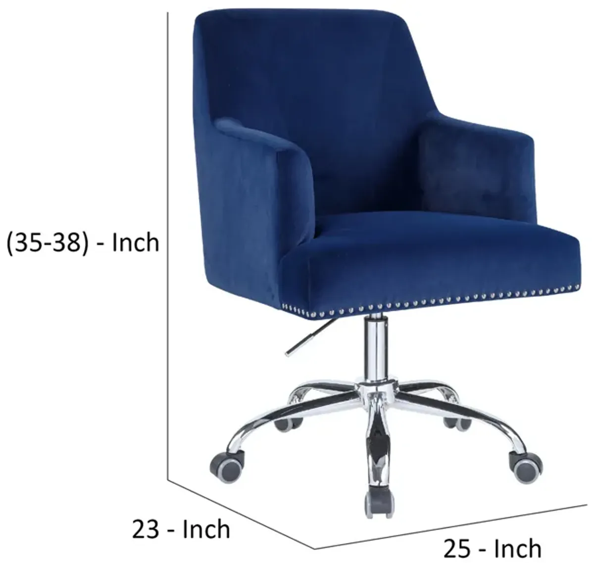 Swivel Office Chair with Sleek Track Arms and Nailhead Trim,Blue and Chrome-Benzara