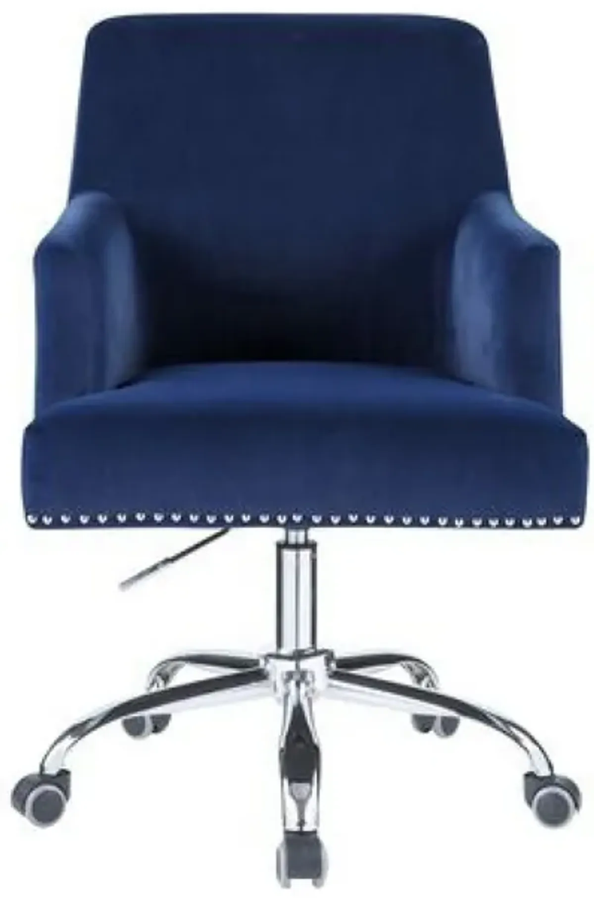 Swivel Office Chair with Sleek Track Arms and Nailhead Trim,Blue and Chrome-Benzara