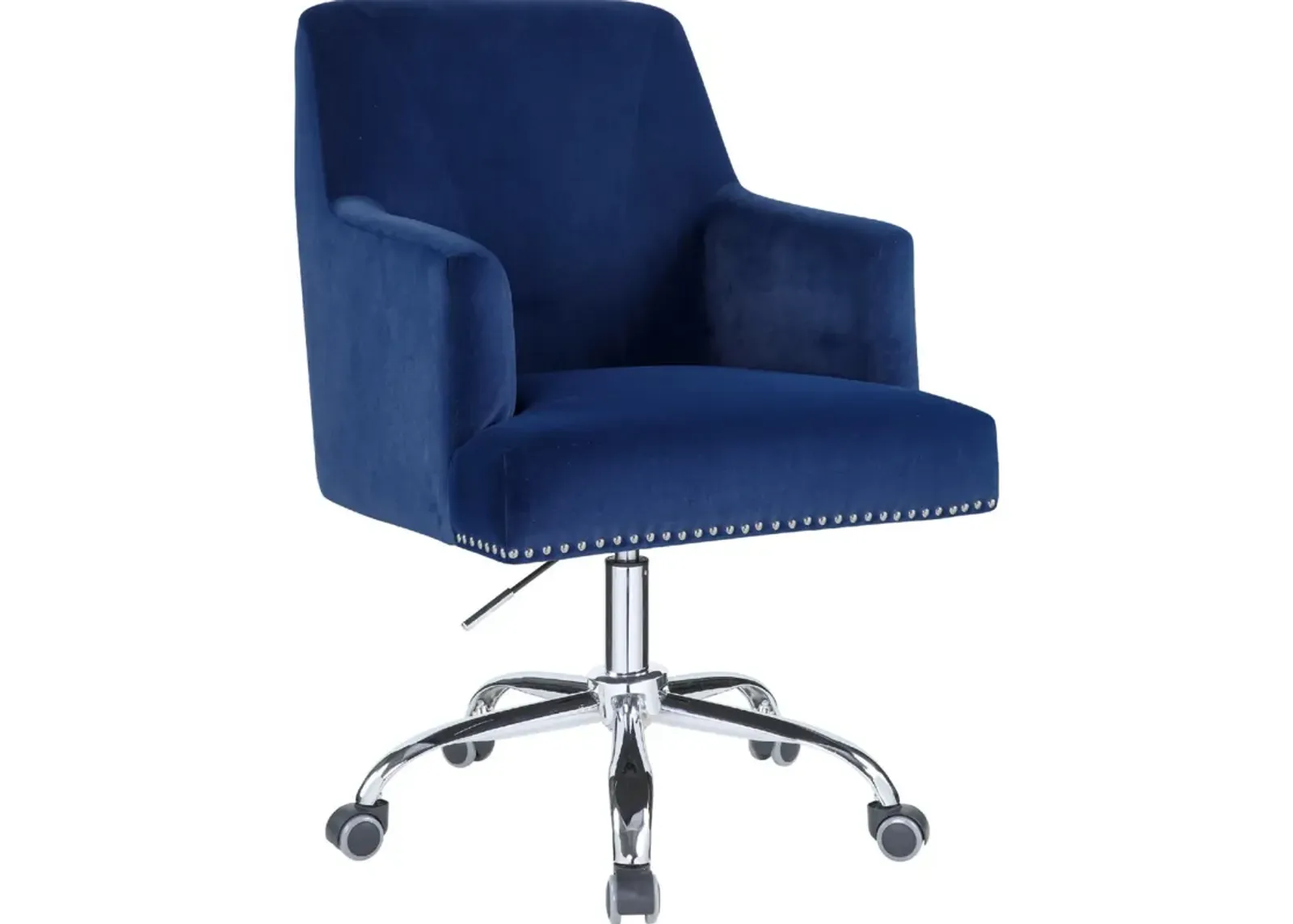 Swivel Office Chair with Sleek Track Arms and Nailhead Trim,Blue and Chrome-Benzara