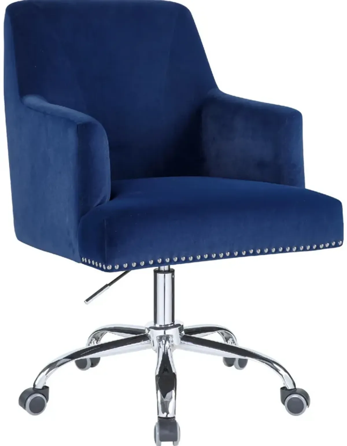 Swivel Office Chair with Sleek Track Arms and Nailhead Trim,Blue and Chrome-Benzara