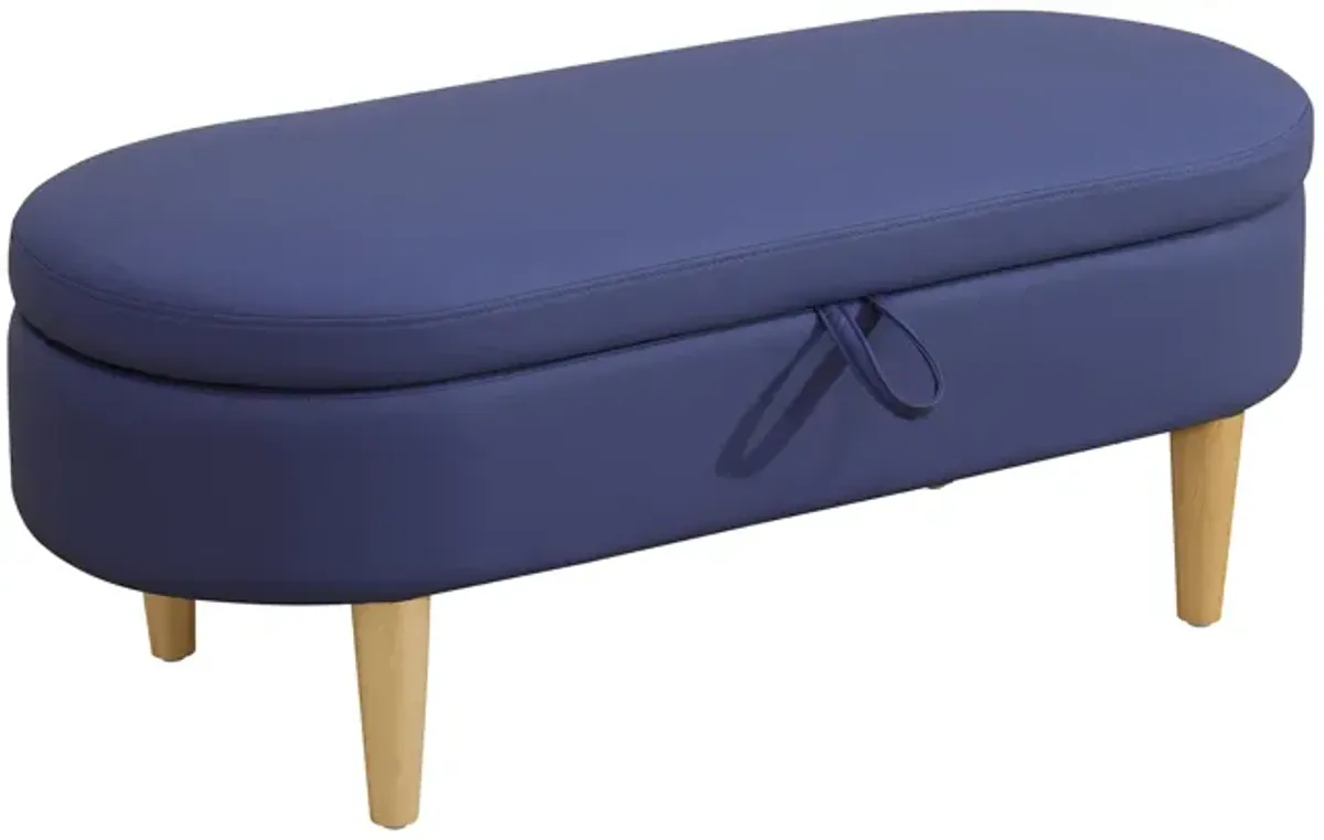 Blue Faux Fur Oval Ottoman with Storage