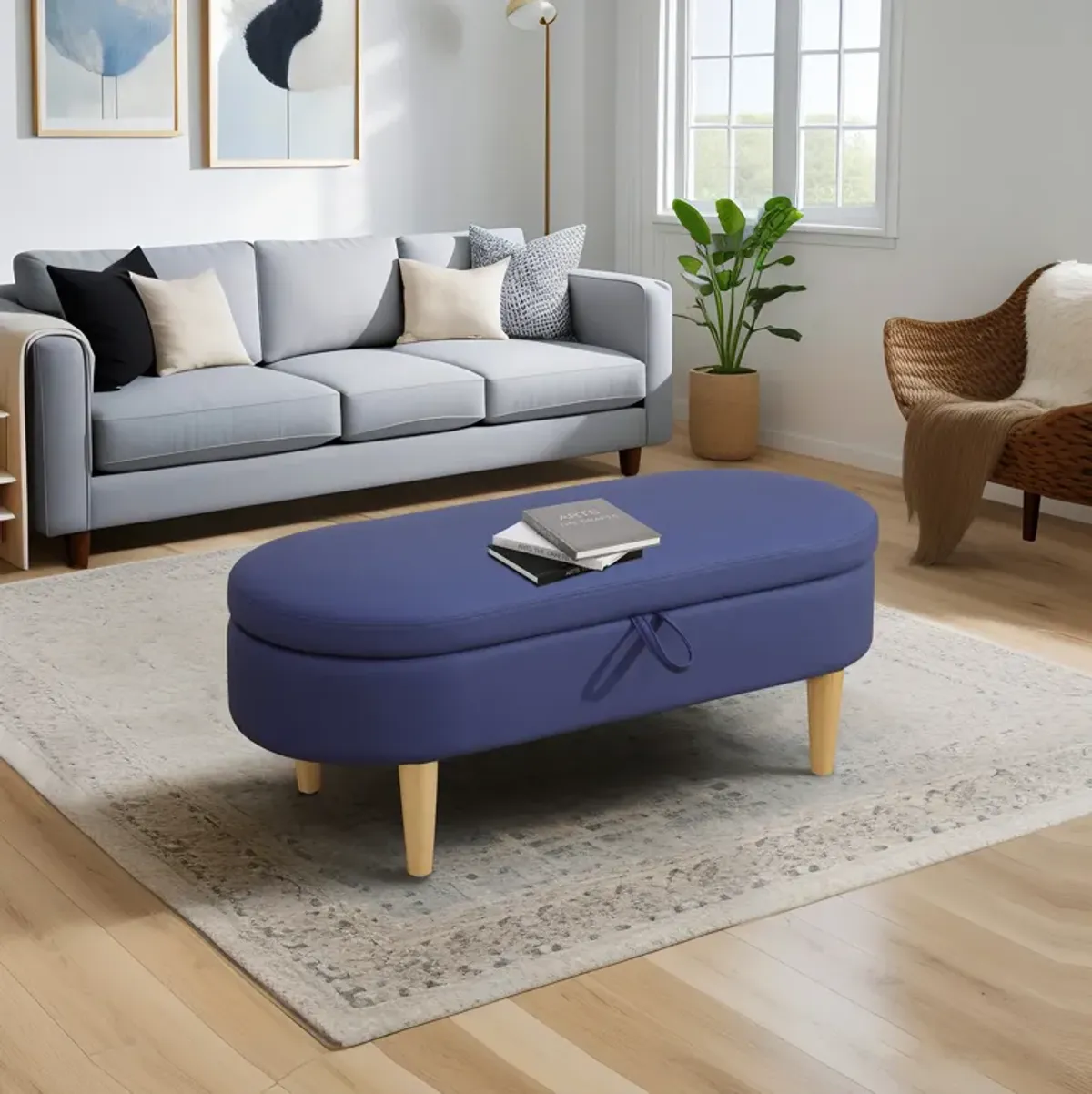 Blue Faux Fur Oval Ottoman with Storage