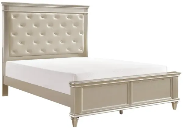 Transitional Queen Size Bed, Tufted Vegan Faux Leather Headboard, Silver - Benzara