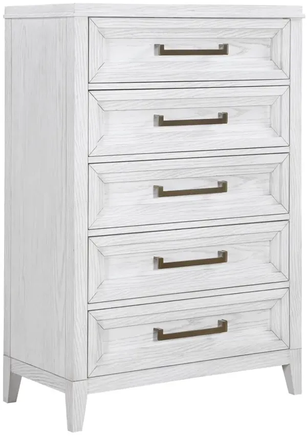 Leva Tall Dresser Chest, Distressed White Acacia Wood, 5 Drawers - Benzara
