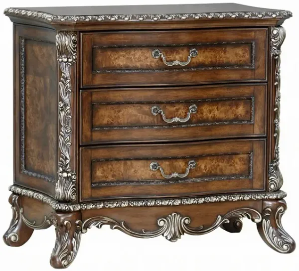Vany Nightstand, Traditional Floral Trim, 3 Drawers, Cherry Brown - Benzara