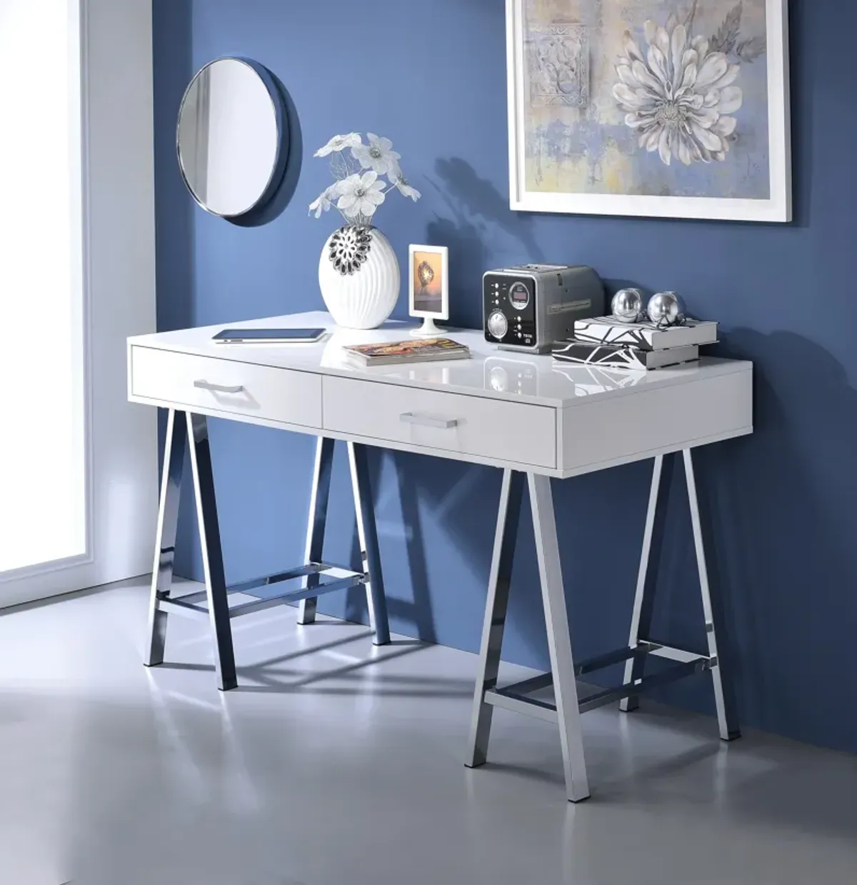 ACME Coleen Writing Desk w/USB, White High Gloss & Chrome Finish