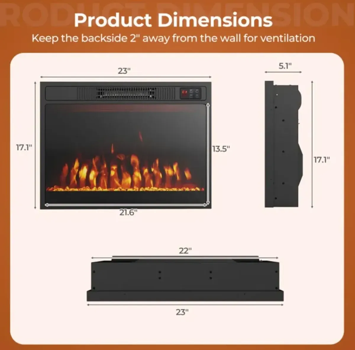 Hivvago 23 Inches 750W/1500W Electric Fireplace Heater with Alter Flame Color and Brightness